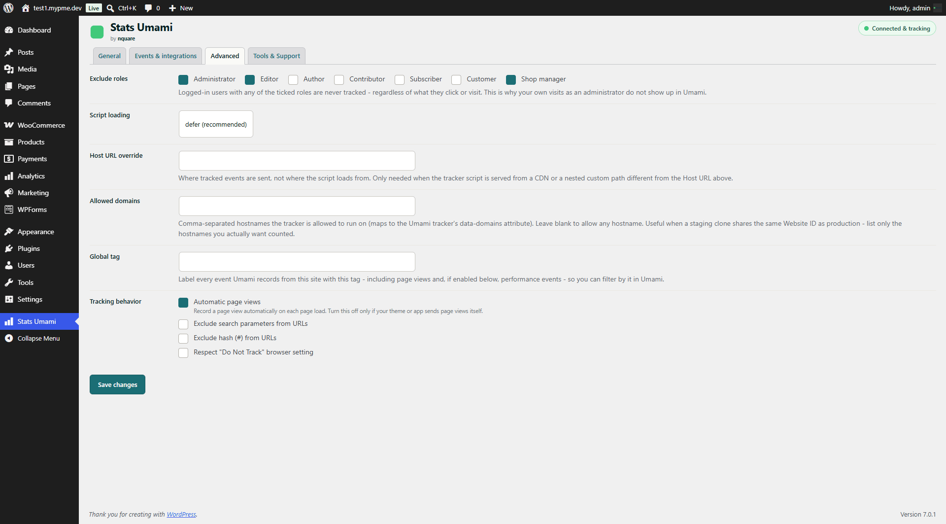 Stats Umami Advanced tab with Umami tracker options in WordPress admin