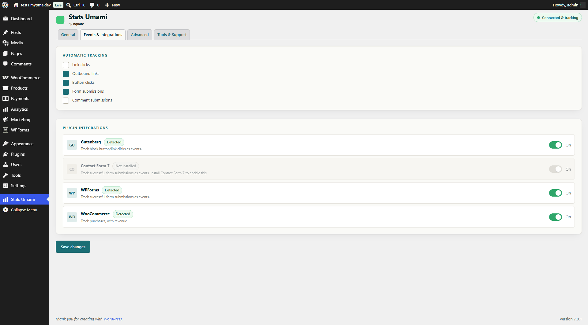 Stats Umami Events and integrations tab, showing automatic tracking toggles and detected plugins