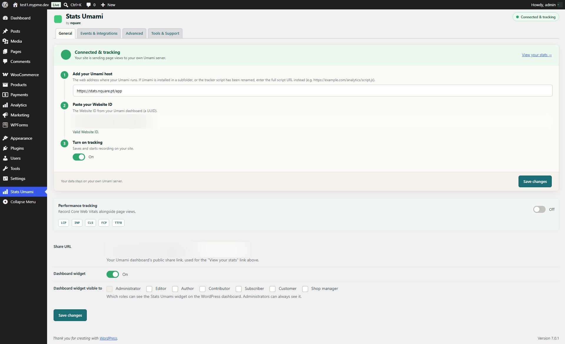 Stats Umami General tab in the WordPress admin, showing Connected and tracking with the guided setup steps