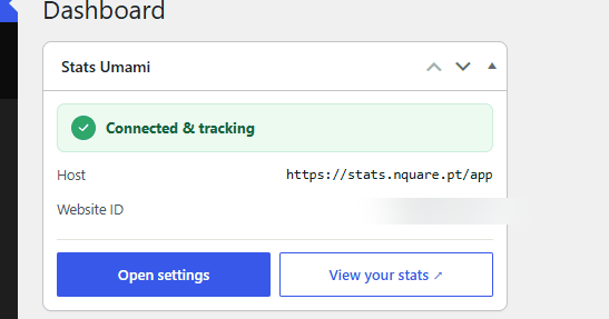 Stats Umami dashboard widget in WordPress showing Connected and tracking status with host and Website ID