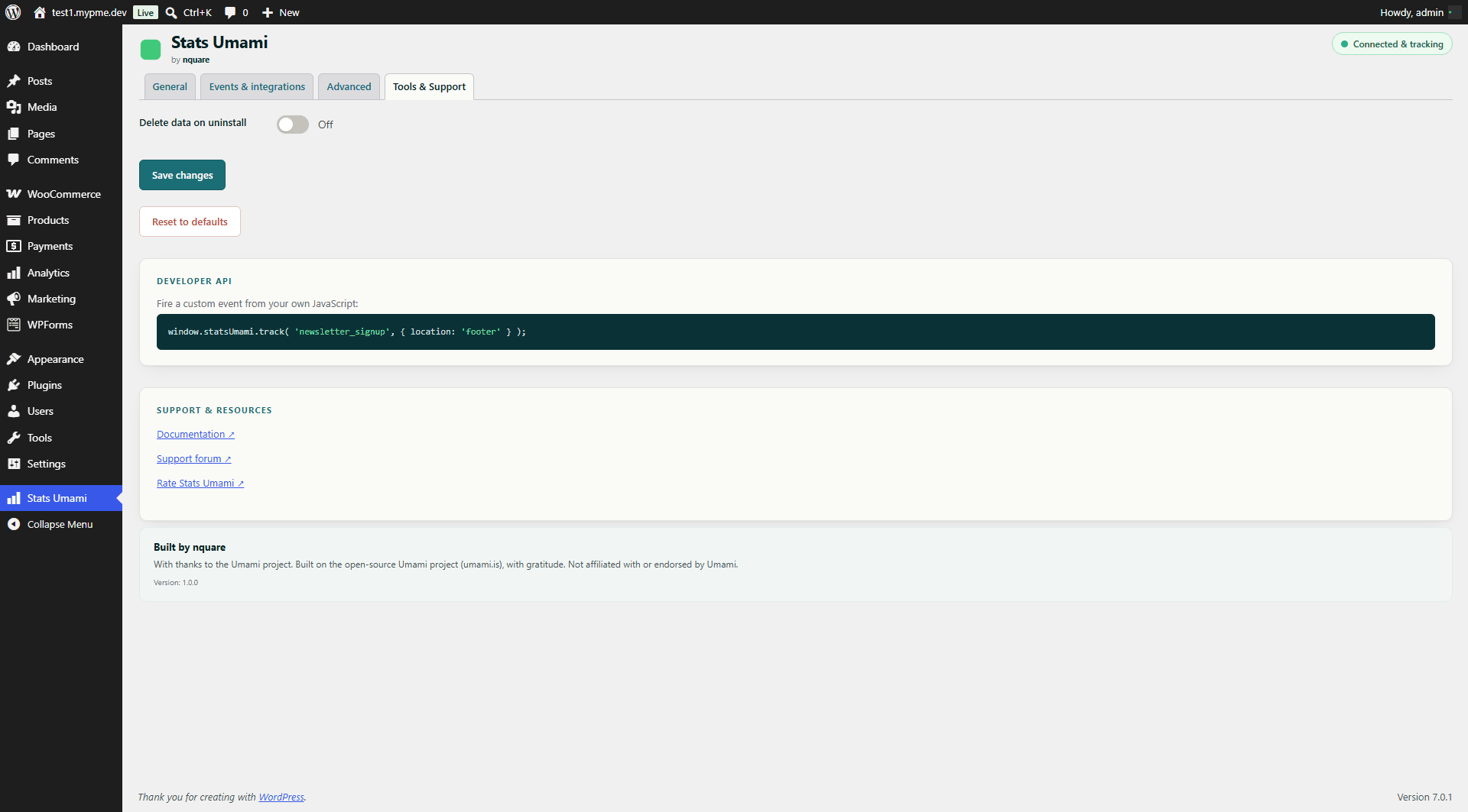 Stats Umami Tools and Support tab, including the developer API and the Umami project credit